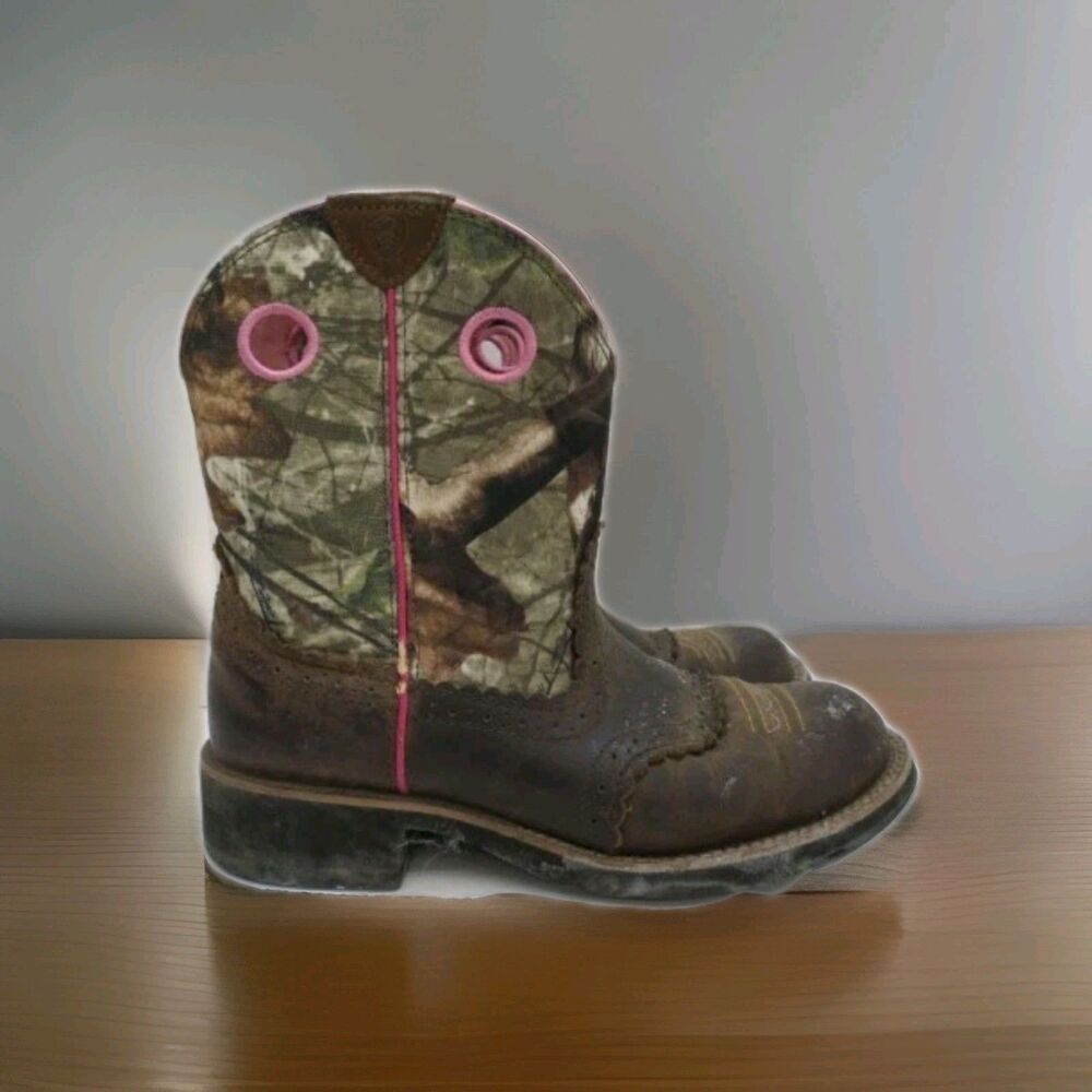 Ariat Western Boots Pink Camo Leather Square Toe Womens Size 8.5 Cowboy Fatbaby - Picture 4 of 7